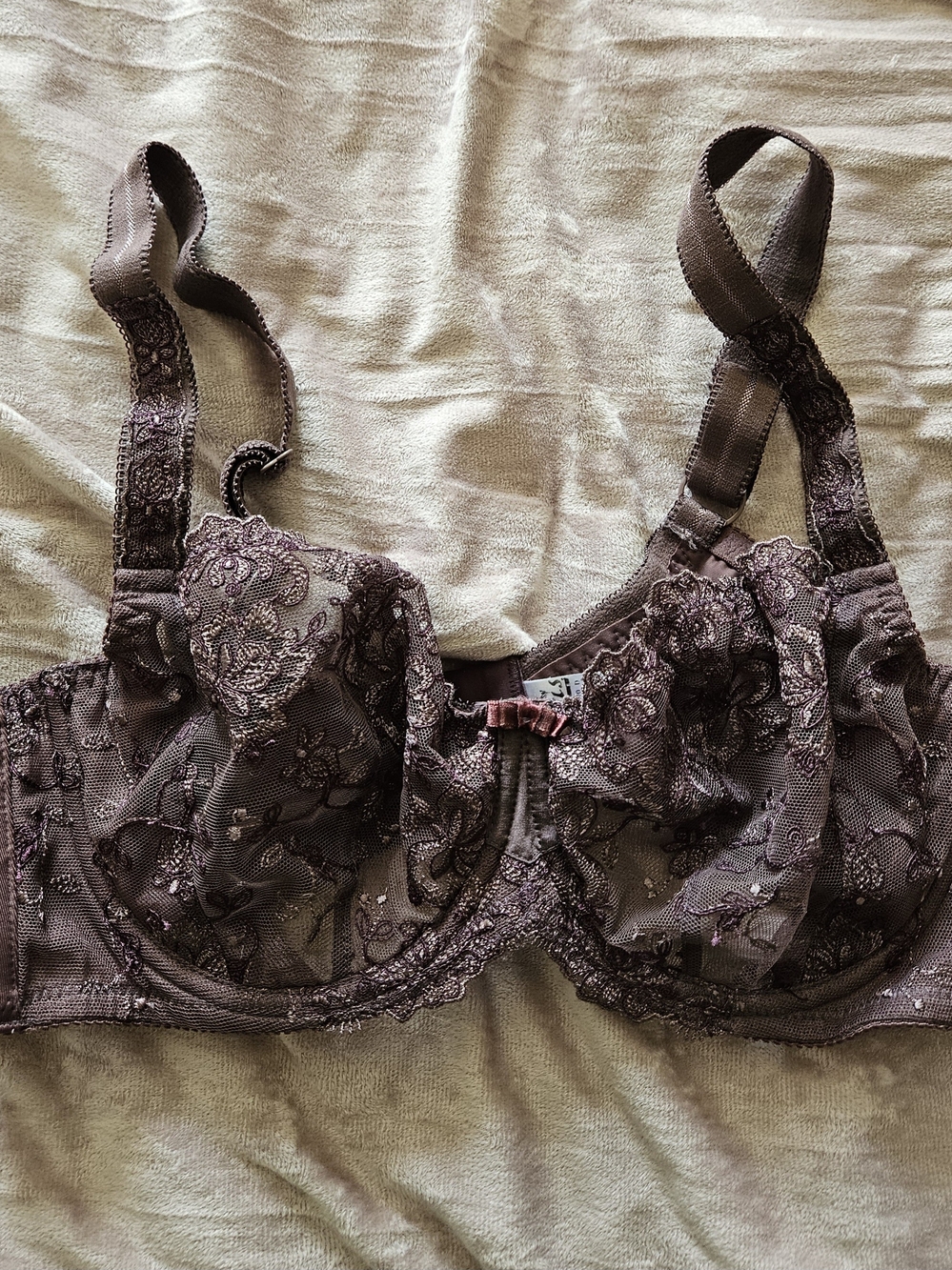 Polish Lingerie Sheer Raisin Underwire Bra, Floral Embroidery, 40C-D